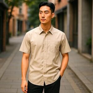 Murano Mens Easy Care Button Down Dress Shirt Short Sleeve Khaki Large NWT